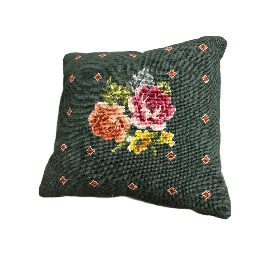 Handmade English‎ Tapestry Green Rose Floral Pillow Wool And Velvet Cottagecore